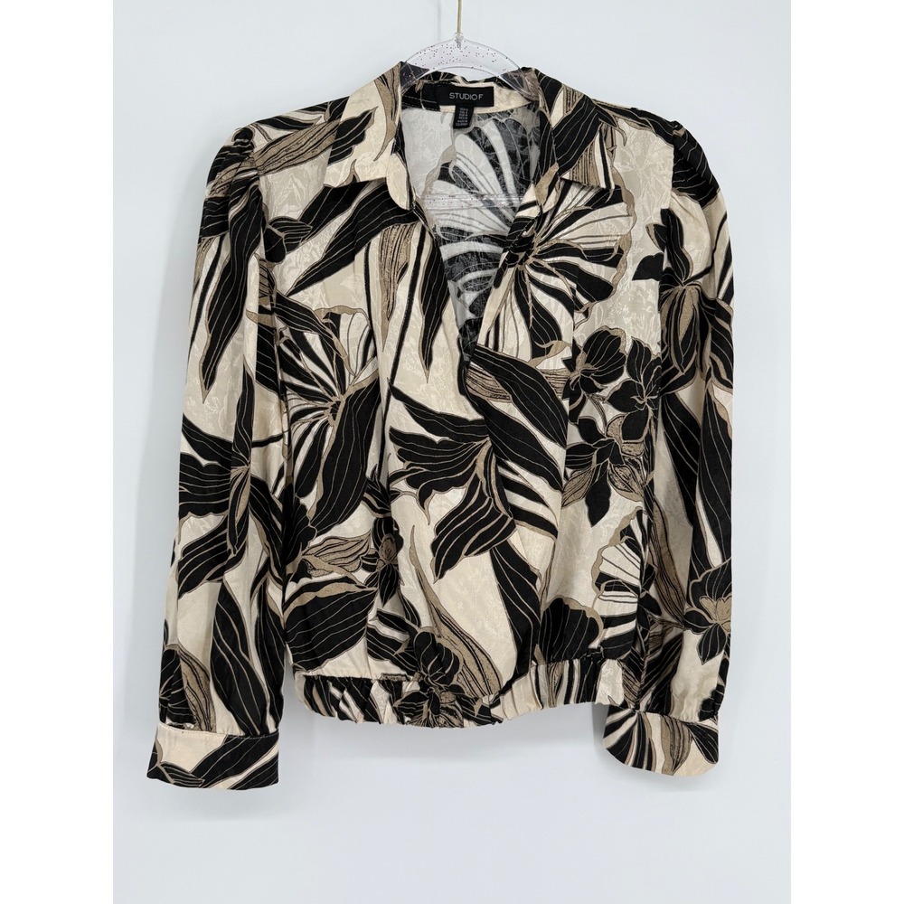 Studio F Black Cream Floral Leaf Surplice Wrap Blouse Long Sleeve Sz S